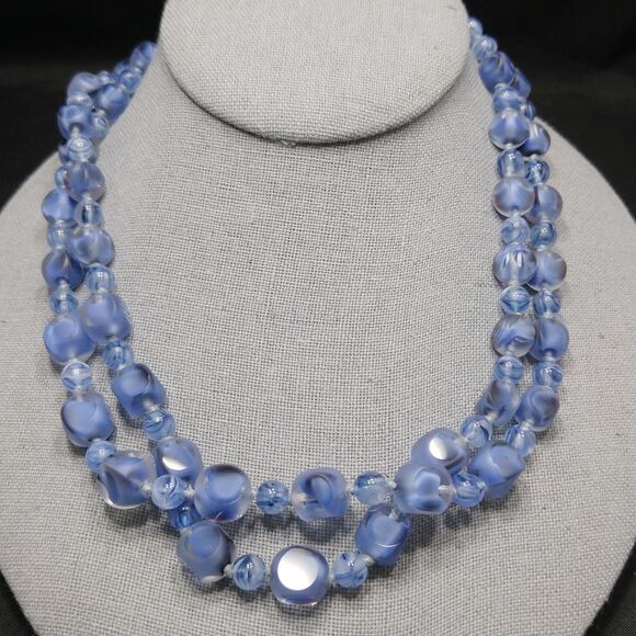 Vintage 1950s Blue Glass Beaded Necklace Double Strand Square Round Beads 18" - Picture 7 of 10